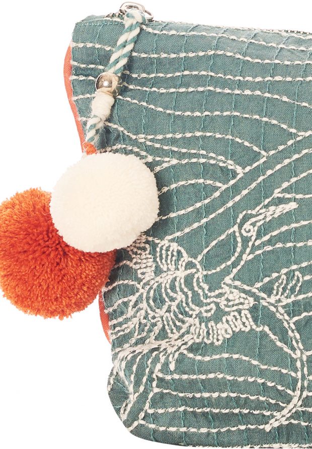 Embroidered Clutch with Pom-Pom Tassel